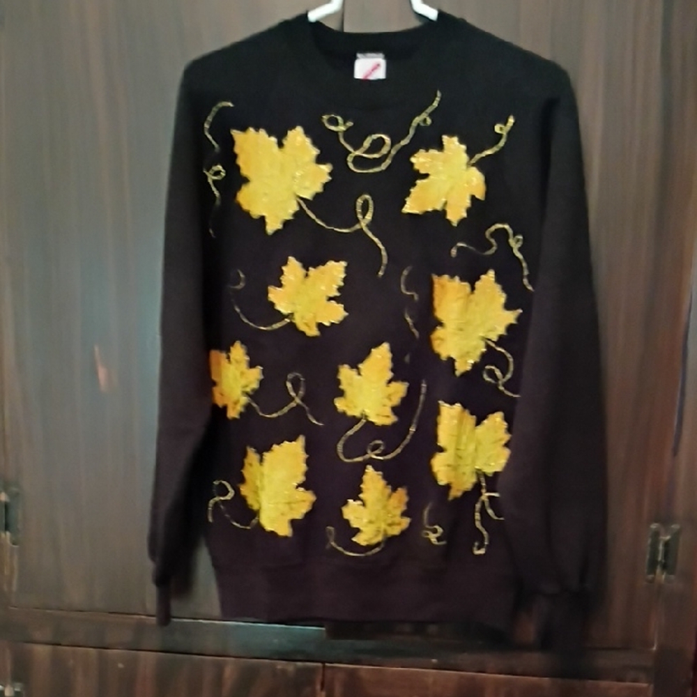 Jerzees Black Sweater with Yellow Leaf Design